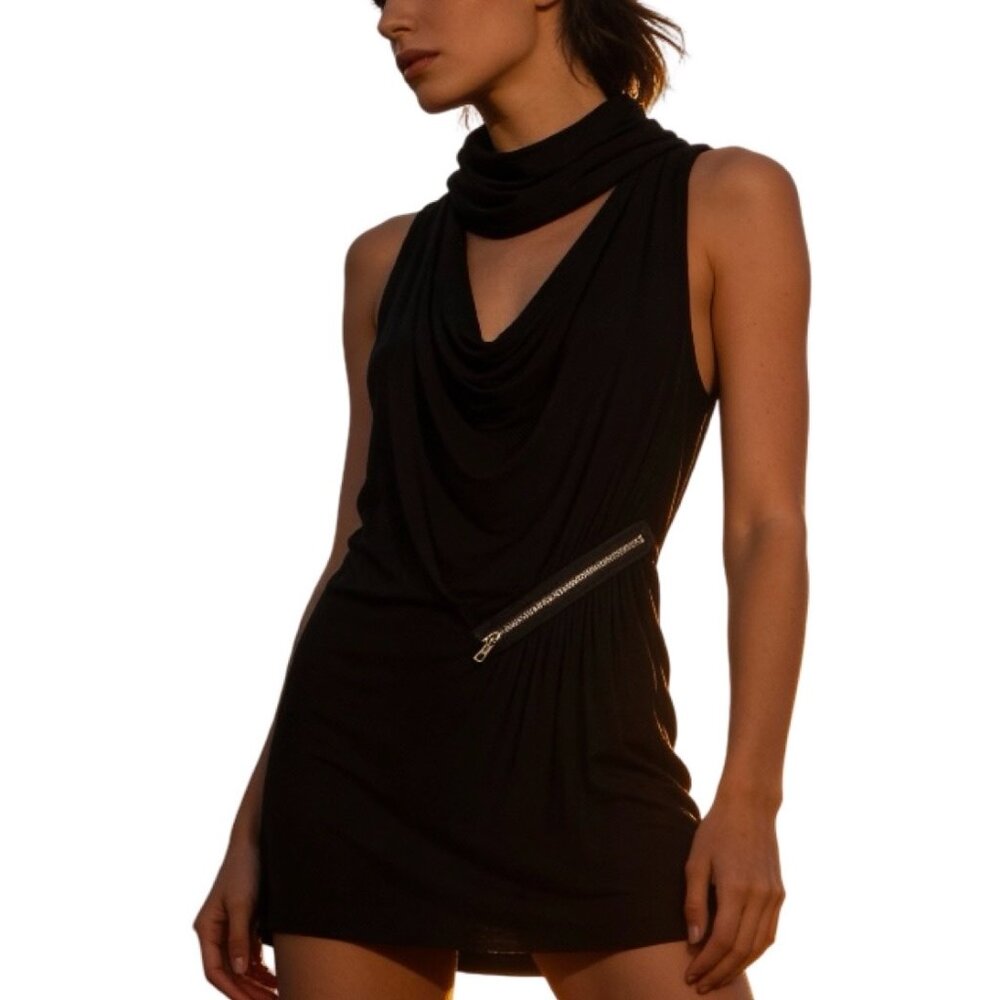 VTG Y2K B'Leev Black Draped Bodycon Mini Dress w/ Zipper Embellishment Size L
